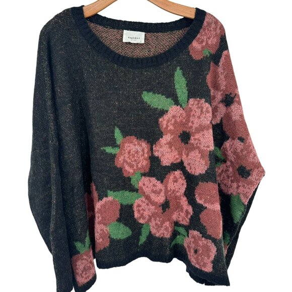 Andree By Unit Floral Sweater Black Flowers Size Medium oversized wool blend - Picture 2 of 12